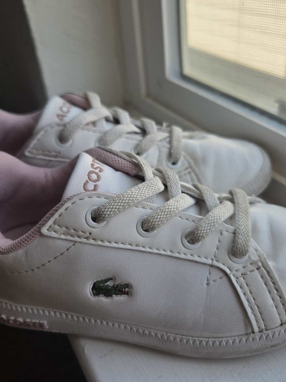 Lacoste Kids White Leather Sneakers with Pink Trim